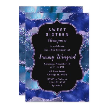 dark blue and purple ocean agate sweet sixteen invitation