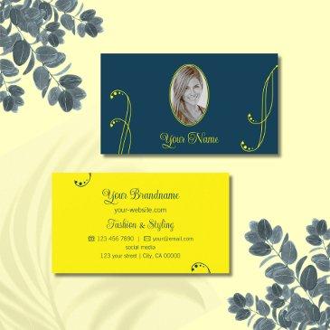 dark blue and yellow ornate with portrait photo business invitations