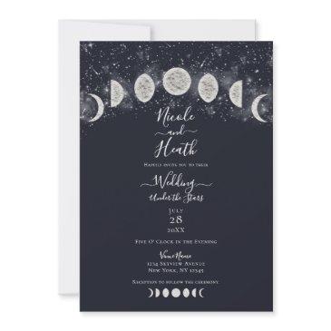 dark blue moon phases under the stars wedding invitation