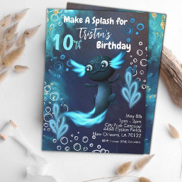 Small Dark Blue Neon Axolotl Birthday Party Invitation Front View