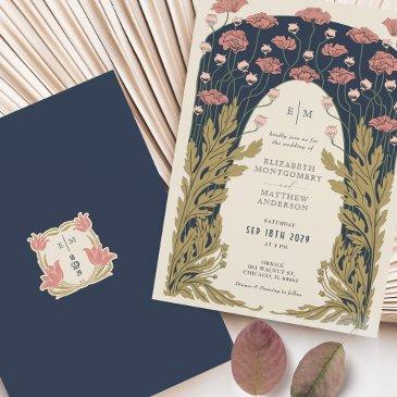 dark blue pink wedding vintage art nouveau floral invitation