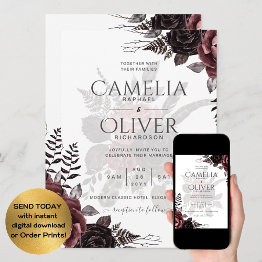 Small Dark Burgundy Black Roses Wedding Fall Winter Invitation Front View