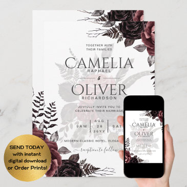 dark burgundy black roses wedding fall winter invitation