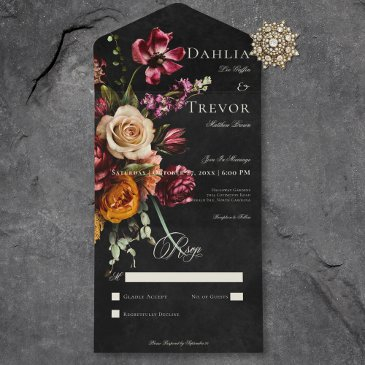 dark elegant autumn floral wedding no dinner all in one invitation