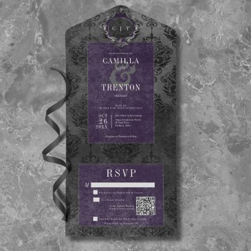 dark gothic black & purple damask qr code all in one invitation