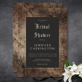 Small Dark Gothic Brown & Black Spider Web Bridal Shower Invitation Front View
