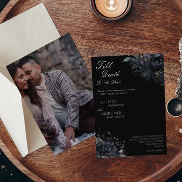 dark gothic floral black till death photo wedding invitation