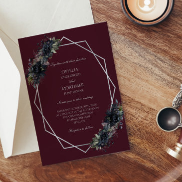 dark gothic floral burgundy geometric wedding invitation