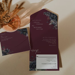 Small Dark Gothic Floral Burgundy Wedding All In One Invitation Front View