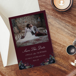 Small Dark Gothic Floral Burgundy Wedding Photo Save The Date Front View