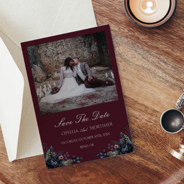 dark gothic floral burgundy wedding photo save the date