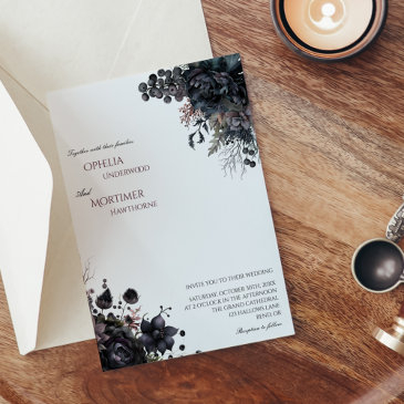 dark gothic floral white wedding invitation