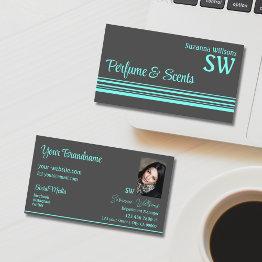Small Dark Gray Teal Stripes With Monogram And Photo Business Invitations Front View