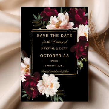 dark moody burgundy blush black floral wedding save the date
