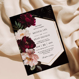 Small Dark Moody Burgundy Blush Peonies Floral Wedding Invitation Front View