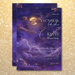 Small Dark Moody Purple & Gold Moonlit Clouds Wedding Invitation Front View