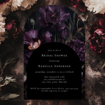 dark moody purple gothic floral bridal shower arch invitation