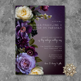 Small Dark Moody Purple Lavender Floral Modern Wedding Invitation Front View