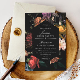Small Dark Moody Romantic Floral Dutch Painterly Wedding Invitation Front View