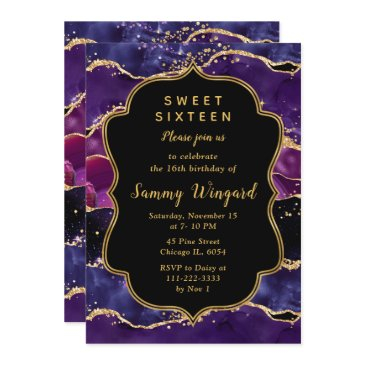 dark purple and gold sequins agate sweet sixteen invitation