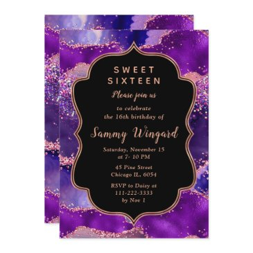 dark purple and pink sequins agate sweet sixteen invitation