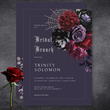 dark purple floral & silver web bridal brunch invitation