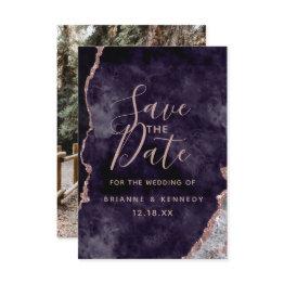 Small Dark Purple Rose Gold Agate Marble Photo On Back Save The Date Front View