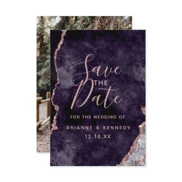 dark purple rose gold agate marble photo on back save the date