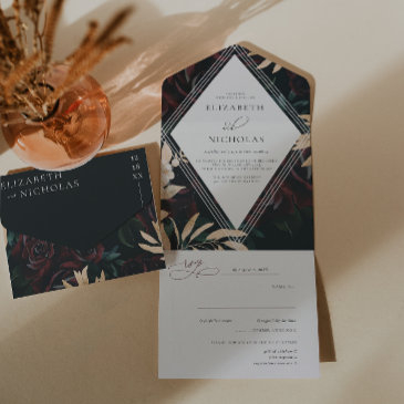 dark velvet burgundy rose | autumn winter wedding all in one invitation
