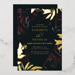 Small Dark Velvet Burgundy Rose | Autumn Winter Wedding Foil Invitation Front View