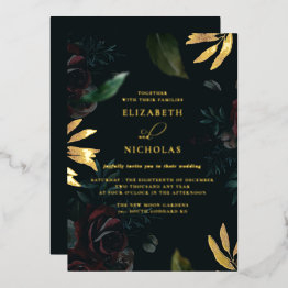 Small Dark Velvet Burgundy Rose | Autumn Winter Wedding Foil Invitation Front View