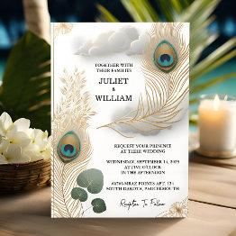 Small Day Feather Rustic Asian Sky Cloud Peacock Wedding Invitation Front View