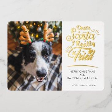 dear santa i tried dog photo fun christmas gold foil holiday invitations