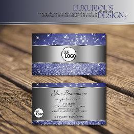 Small Deep Blue Glitter Luminous Stars And Logo Silver Business Invitations Front View