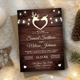 Small Deer Heart String Lights Rustic Wood Wedding Invitation Front View