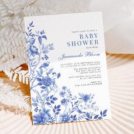Small Delft Blue Chinoiserie Garden Neutral Baby Shower Invitation Front View