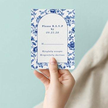 delftware-inspired blue floral arch response rsvp