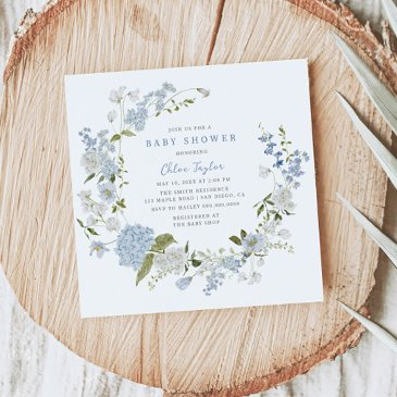 delicate blue floral wreath baby shower invitation