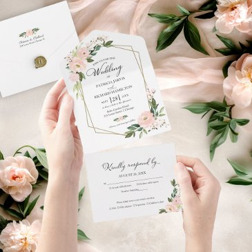 delicate blush pink floral geometric wedding all in one invitation