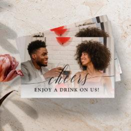 Small Delicate Calligraphy Photo Wedding Drink Ticket Front View