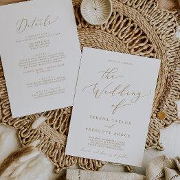 Small Delicate Gold Calligraphy All In One Wedding Invitation Front View