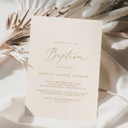 Small Delicate Gold Calligraphy | Cream Baptism Invitation Front View