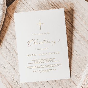 delicate gold calligraphy cross christening invitation