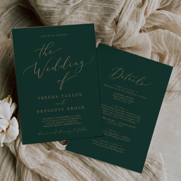 delicate gold calligraphy green all in one wedding invitation