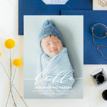 delicate hello modern baby birth announcement