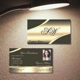 Small Deluxe Gold Brown Curved Lines Monogram And Photo Business Invitations Front View