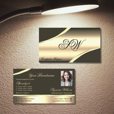 deluxe gold brown curved lines monogram and photo business invitations