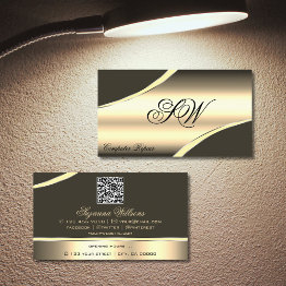 Small Deluxe Gold Brown Curved Lines Monogram Qr Code Business Invitations Front View