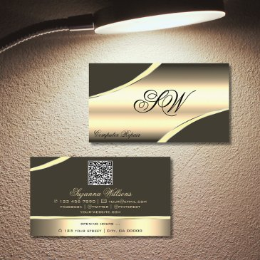 deluxe gold brown curved lines monogram qr code business invitations