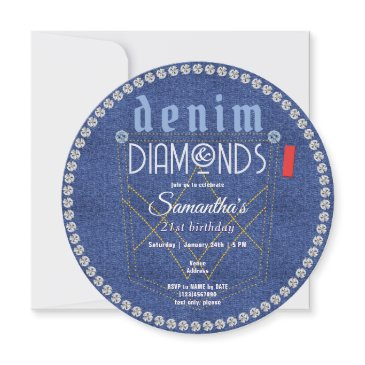 denim and diamonds blue jeans bling birthday party invitation